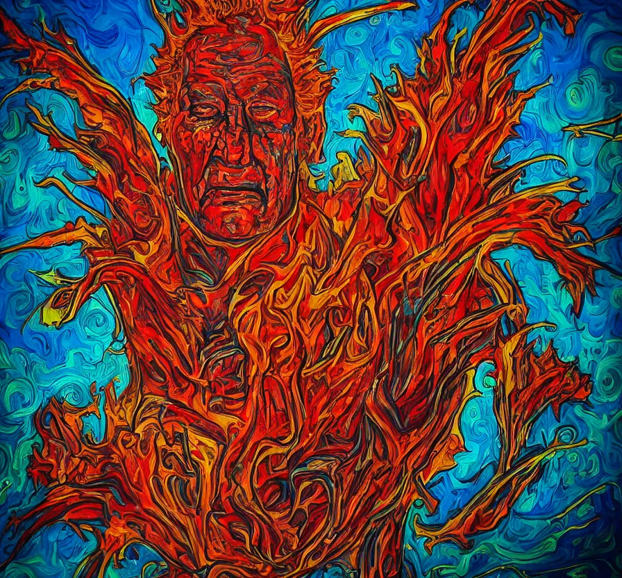 Image similar to yeltsin veneration sect, yeltsin on an icon in hellish style, scary art in color, art in 4 k