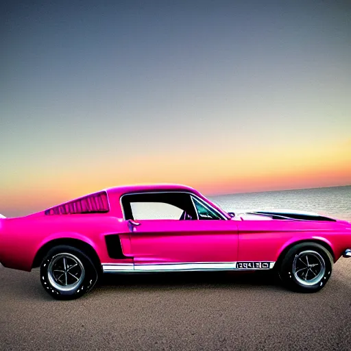 Prompt: long shot of 1967 Ford mustang Shelby GT500 in pink color at sunset in front a beach, 8k, amazing reflection of the sun on the car, UHD Photography