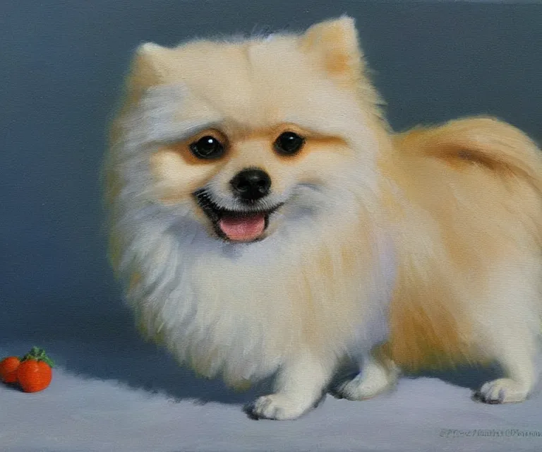 Prompt: pomeranian, cute, monet, oil painting, trending on artstation