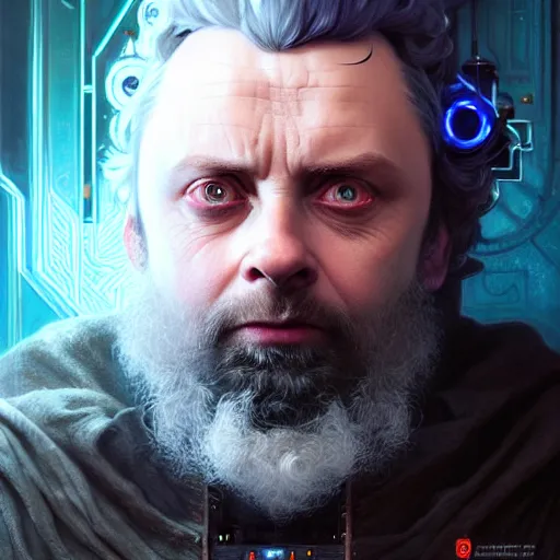 Image similar to portrait painting of a cyberpunk dwarf mage michael sheen, ultra realistic, concept art, intricate details, eerie, highly detailed, photorealistic, octane render, 8 k, unreal engine. art by artgerm and greg rutkowski and charlie bowater and magali villeneuve and alphonse mucha