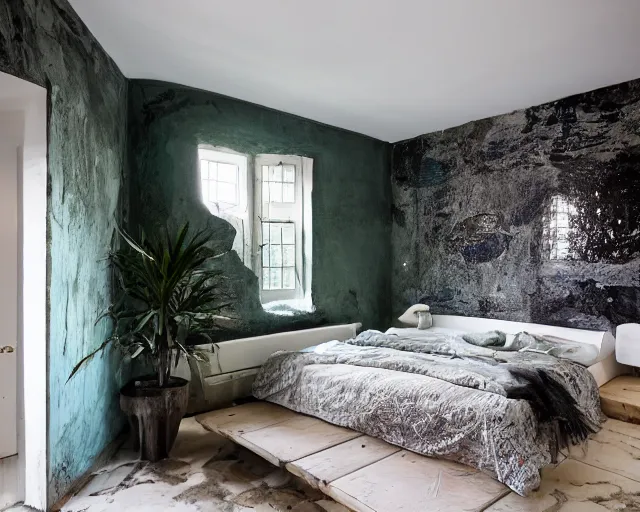 Image similar to Liminal space underwater, stucco walls, clean floors, maximalist, cosy