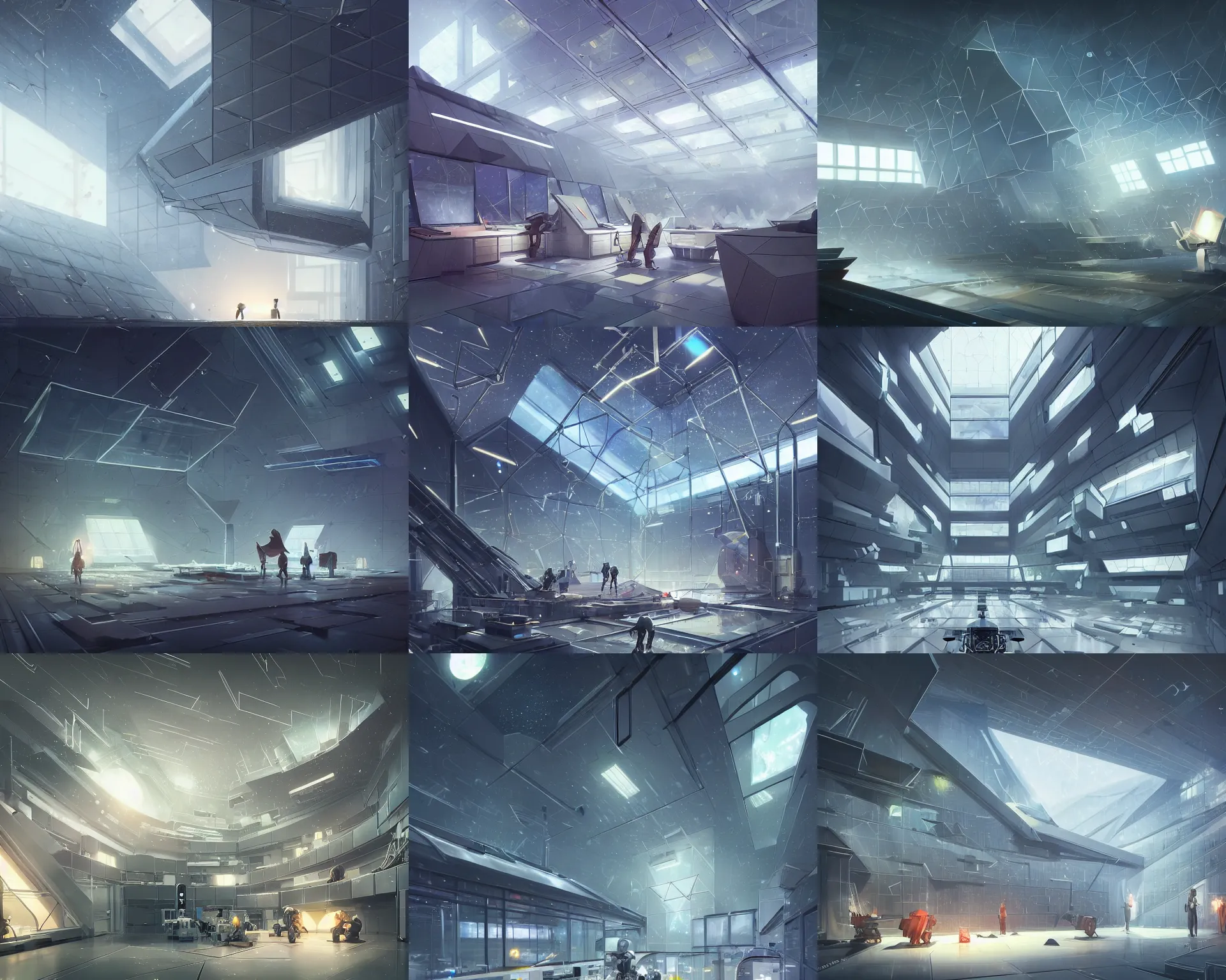 Prompt: robotic laboratory with giant triangular walls and glass ceilings showing the stars and storm, light dust, magnificent, close up, details, sharp focus, elegant, highly detailed, illustration, by Jordan Grimmer and greg rutkowski and PiNe(パイネ) and 薯子Imoko and 香川悠作 and wlop and maya takamura, intricate, beautiful, Trending artstation, pixiv, digital Art