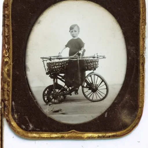 Image similar to tintype photo of child riding huge beetle