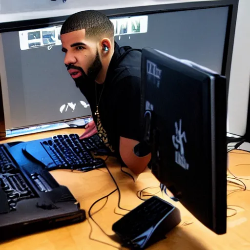Prompt: The rapper drake playing fortnite on his computer