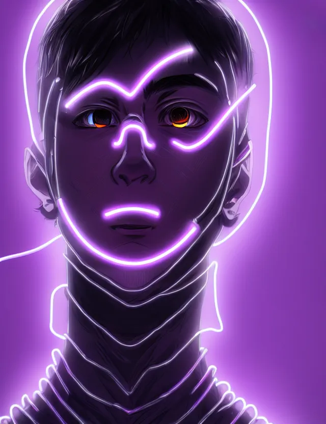 Image similar to a detailed manga portrait of a black haired man with a cybernetic body and face mask with glowing neon purple lights, trending on artstation, digital art, 4 k resolution, detailed, high quality, sharp focus, hq artwork, coherent, insane detail, character portrait