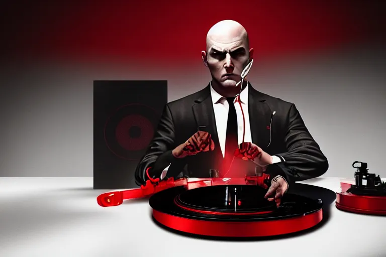 Image similar to an expressive portrait of agent 4 7 from hitman wearing headphones and putting a vinyl record onto a turntable, dark background, red rim light, digita, l