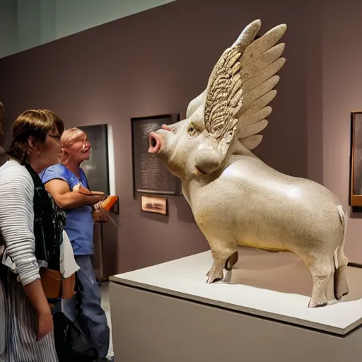 Prompt: visitors in museum amazed by the sculpture of a winged pig, 9 0 - s