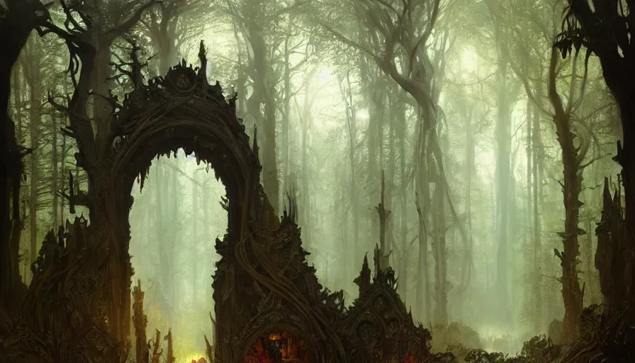 Image similar to a beautiful intricate painting of a gateway to hell in a dark evil fantasy forest, reflections, very high details by william turner art, greg rutkowski and alphonse mucha, trending on artstation, very very detailed, masterpiece,