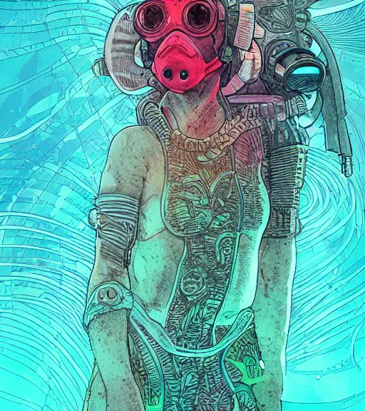 Image similar to a cyberpunk diver Polynesian woman swims through a dark bioluminescent alien coral reef, techwear, Industrial Scifi, detailed illustration, character portrait, by Martin Grip and Moebius