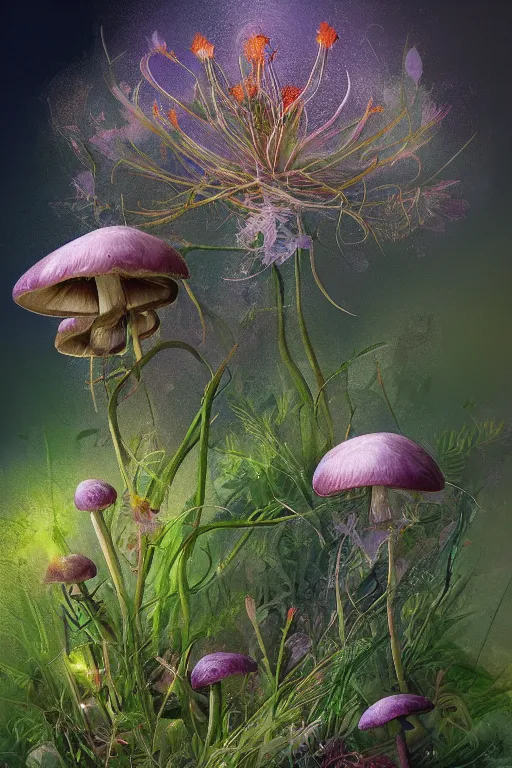 Prompt: beautiful digital matter cinematic painting of whimsical botanical illustration of thistles and lilies mushrooms thicket, whimsical scene bygreg rutkowki artstation