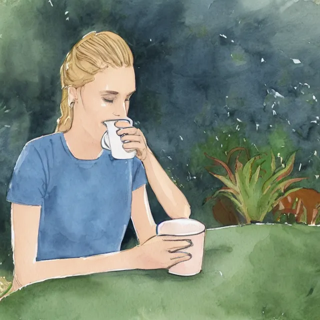Prompt: laura virtanen drinking coffee in the garden. watercolor by the award - winning concept artist