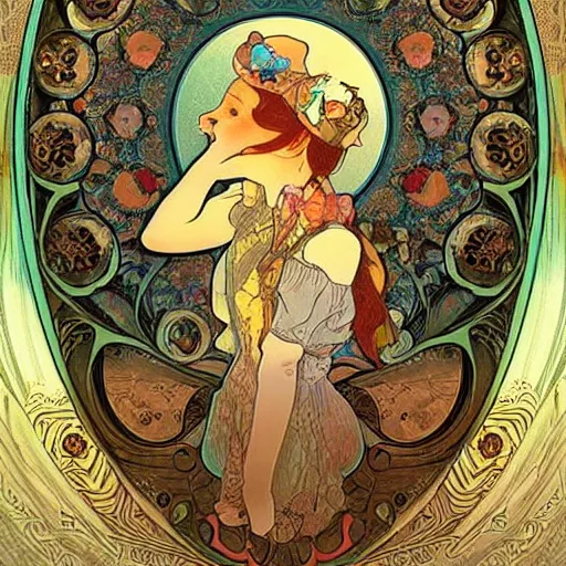 Image similar to Alice in Wonderland,Diamonds Blaze,Rose twining,out of time and space,dreamy, eternity, romantic,highly detailed,in the style of Alphonse Maria Mucha, highly detailed,night lighting