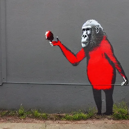Prompt: gorilla wearing red headphones, holding a amanita muscaria, made by banksy