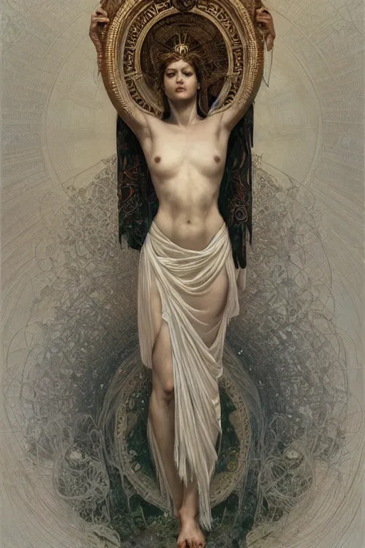 Image similar to a full body portrait of a beautiful ethereal delicate ancient greek mage queen meditative sacral pose catholic stages of the cross, intricate, elegant, highly detailed, digital painting, artstation, concept art, smooth, sharp focus, illustration, art by krenz cushart and artem demura and alphonse mucha