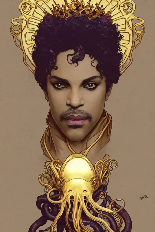 Prompt: Prince and the revolution , a golden crown floating above his head, tentacles coming out the ground art by Artgerm and Greg Rutkowski and Alphonse Mucha and Craig Mullins and James Jean and Andrei Riabovitchev and Marc Simonetti and peter mohrbacher, sharp focus, ominous, cosmic horror, trending on artstation, Ultra detailed, hyper realistic 4k