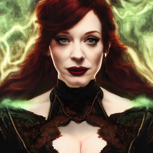 Image similar to a highly detailed matte painting of christina hendricks as an unbelievably powerful vampire witch, drinking wine, floating in the air doing blood magic, viewed in profile from far away, crackling green lightning, ultrawide lens, art by artgerm and greg rutkowski and alphonse mucha, volumetric lighting, octane render, 4 k resolution, trending on artstation, masterpiece