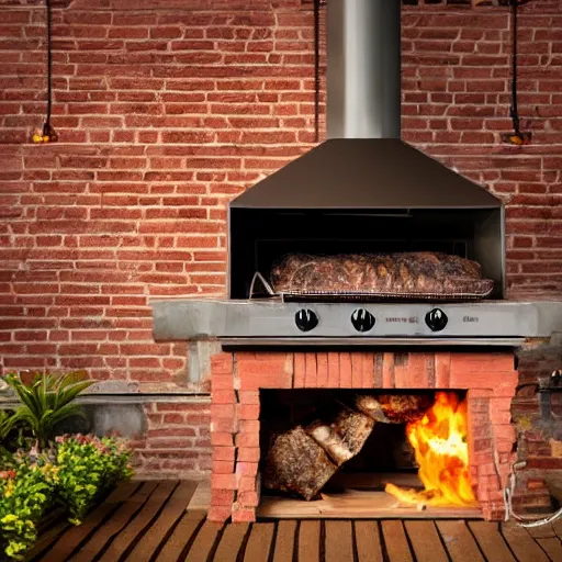 Image similar to wood fired bbq, brick construction, cosy, warm, yellow brick, artistic rendering 8k