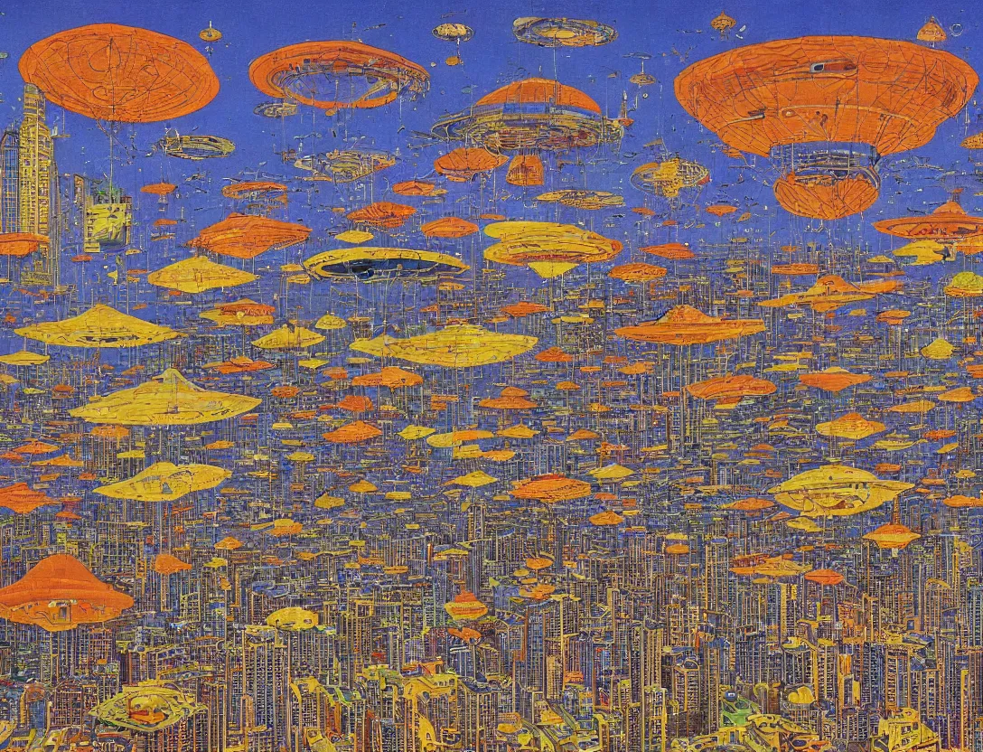 Prompt: ufos flying mysterious banners over the city, brutalist, by mati klarwein and moebius