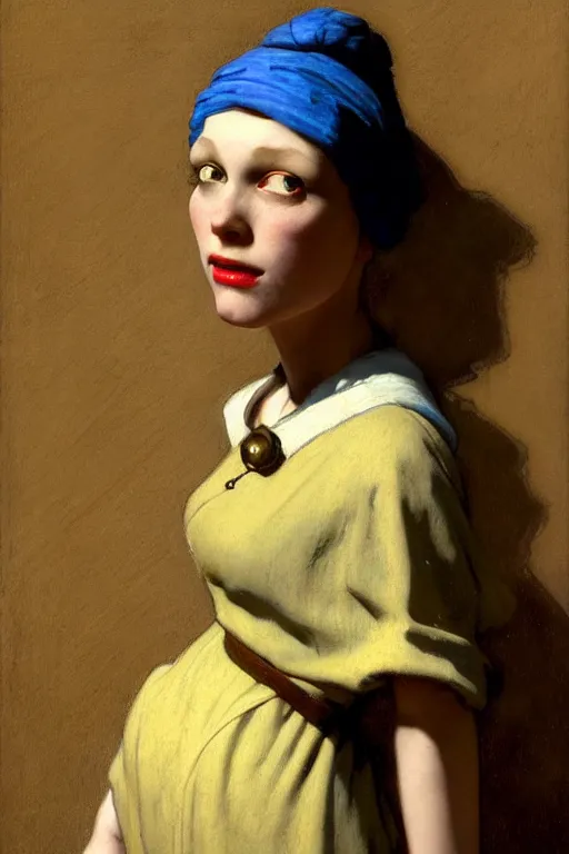 Image similar to full character portrait bioshock character not the girl with the pearl earring character design, painting by gaston bussiere, katsuya terada, nc wyeth, greg rutkowski, craig mullins, vermeer, frank frazetta, mucha, tom of finland, trending on artstation, jeffery catherine jones