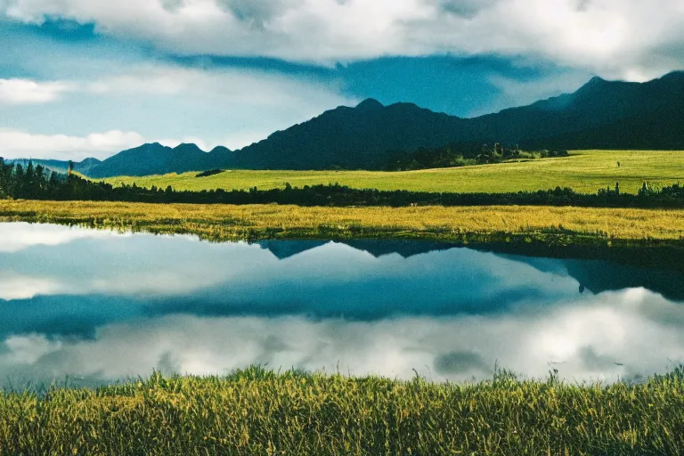 Image similar to film color photography, small mirror reflected clouds, long view of green lawn, no focus, mountains in distance, 35mm