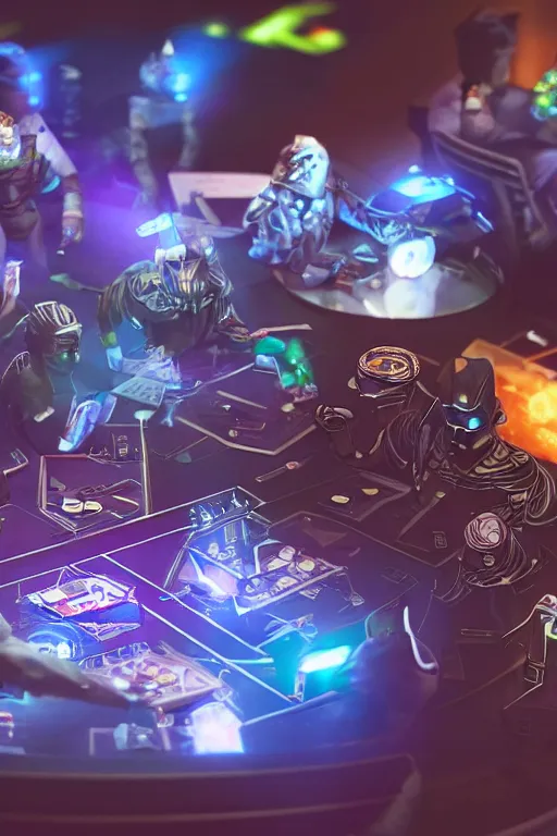 Prompt: closeup, of one futuristic sci-fi Twenty sided dice, in the background are players at a table that are in high tech still suites, with masks, bokeh, sharp focus, intricate concept art, highly detailed, 8k, cinematic, sharp focus