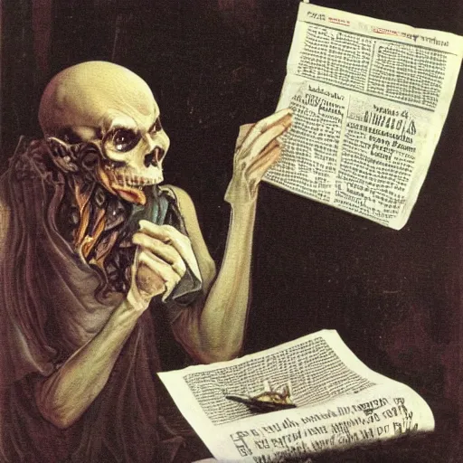 Prompt: Vecna, drinking tea, reading a newspaper