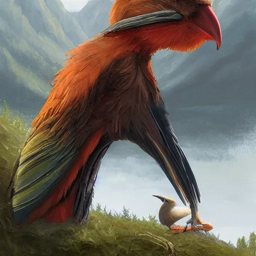 Image similar to Anthropomorphic bird, sitting at a pond, mountainous area, trees in the background, oil painting, by Fernanda Suarez and Greg Rutkowski