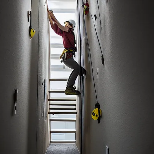 Image similar to A climbing expedition climbing the stairs of a regular apartment building. They are using ropes, pickaxes and other professional climbing gear in order to climb the stairs. Photograph, f/8, room lighting, indoor