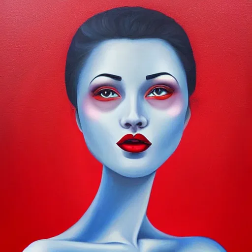 Image similar to a painting of a beautiful woman!!! wearing red, an ultrafine detailed painting by rafal olbinski, behance contest winner, pop surrealism, detailed painting, very detailed, minimalist, airbrush art