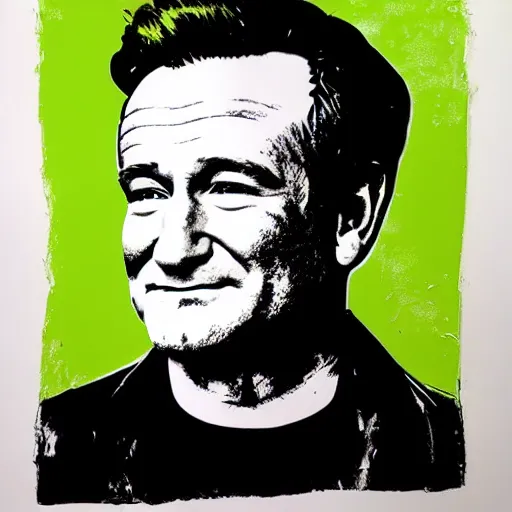 Image similar to silkscreen and lithography to create robin williams in the style of andy warhol