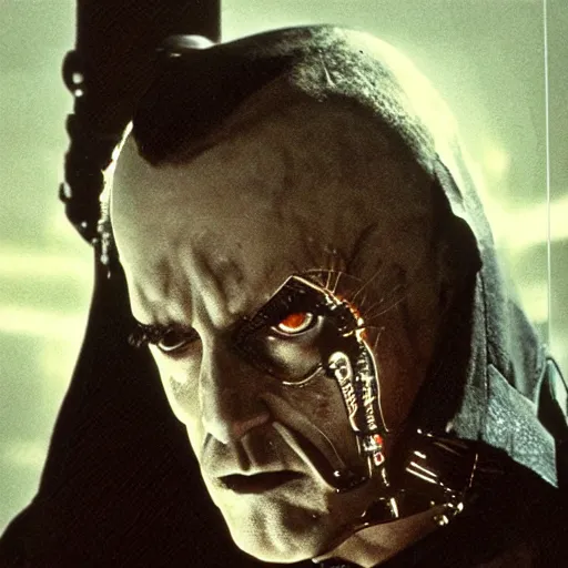 Image similar to movie still of a villain cyborg, facial expression, cinematic composition, cinematic light, by edgar allan poe