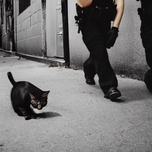 Image similar to police chasing a cat into an alley, high quality