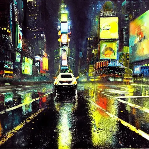 Prompt: spaceship in times square, nyc, night, wet pavement, by jeremy mann, chris foss, jeremy mann