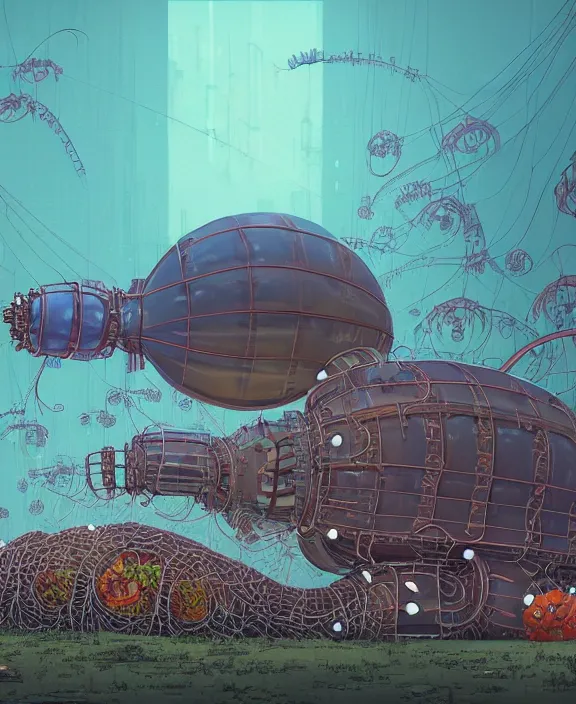 Prompt: inflated industrial plant made from isopod lobster octopus, in the style of puffy spaceship, overgrown with orchids, partly cloudy, spooky, dramatic lighting, by geof darrow, bill sienkiewicz, dan mumford, yusuke murata, makoto shinkai, ross tran, cinematic, unreal engine, cel shaded, featured on artstation, pixiv