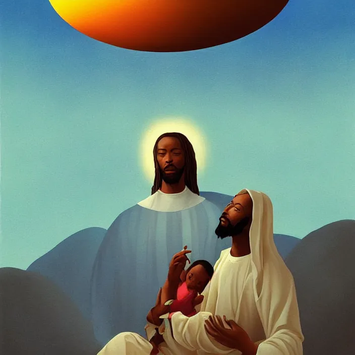 Image similar to UFO hovering over an African Jesus , clouds, colourful, painting by Hsiao-Ron Cheng,