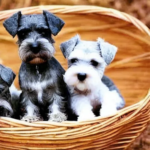 Image similar to a basket of miniature schnauzer puppies, award winning photo
