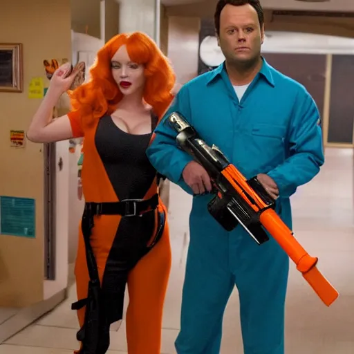 Image similar to vince vaughn as jack fenton, he is wearing an orange coveralls bodysuit with a big sci - fi gun belt, and christina hendricks as maddie fenton, she is wearing a tight teal coveralls bodysuit with a big sci - fi gun belt, movie photo, spooky netflix still shot, they are looking for ghosts