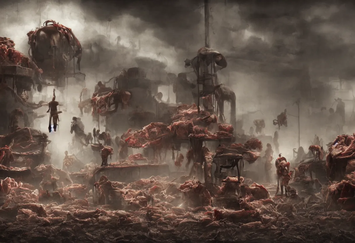 Prompt: meat grinder, people go in one end and meat comes out the other, minimalism, colorfully apocalyptic ominous background, minimalism, hyper realism, matte painting, realistic, dramatic lighting, octane render, highly detailed, cinematic lighting, cinematic, art by rutkowski and frazetta and rembrandt