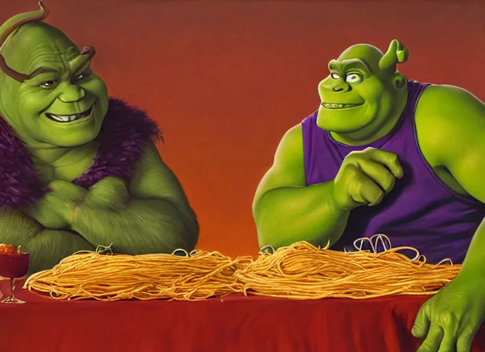 Prompt: painting of shrek and thanos eating spaghetti at dusk, in the style of michael whelan and james gurney and wayne barlowe