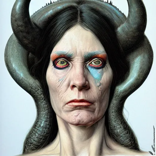 Image similar to portrait of a woman with horns and fully black eyes, by wayne barlowe