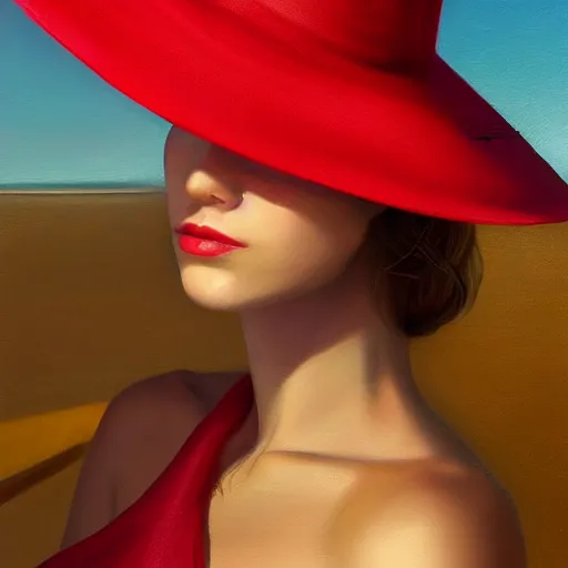 Image similar to beautiful oil matte portrait painting, young woman with red dress and mustard yellow summer hat at a beach on a sunny day, wonderful masterpiece highly detailed, beautiful cinematic light deep focus, elegant, digital painting, smooth, sharp focus, golden ratio, dramatic illumination, ultra realistic, 8 k, art by jimmy law