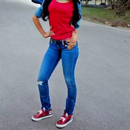 Image similar to character design of a latina cute girl using tight white and red raglan sleeves with tight blue jeans and cool shoes, having silky long black hair with bangs