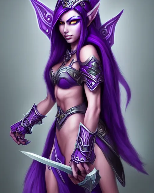 Image similar to character concepta beautiful and strong purple female warrior night elf | | cute - fine - face, world of warcraft, pretty face, realistic shaded perfect face, fine details by stanley artgerm lau, wlop, rossdraws, james jean, andrei riabovitchev, marc simonetti, and sakimichan, trending on artstation