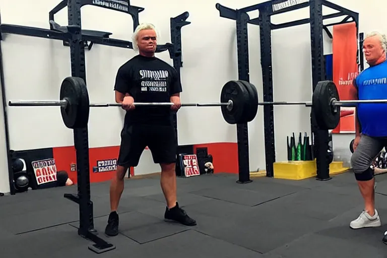 Prompt: geert wilders with strongman body ipf deadlift lockout 5 0 0 kg with plates on both sides of barbell