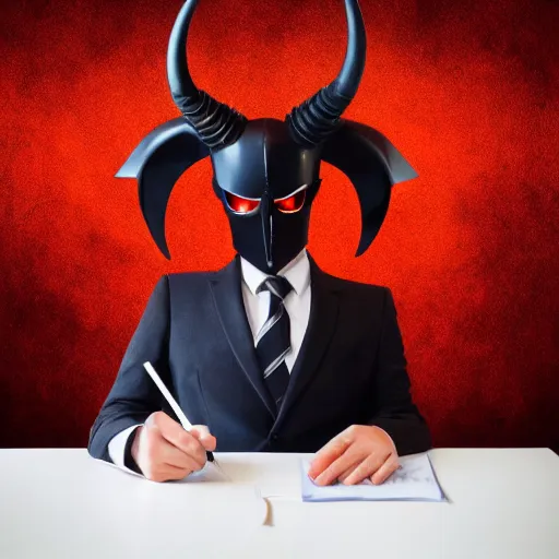 Image similar to dark lord sitting at desk large horns and suit, medium shot, portrait, semi realistic anime, red demon cyberpunk symbols