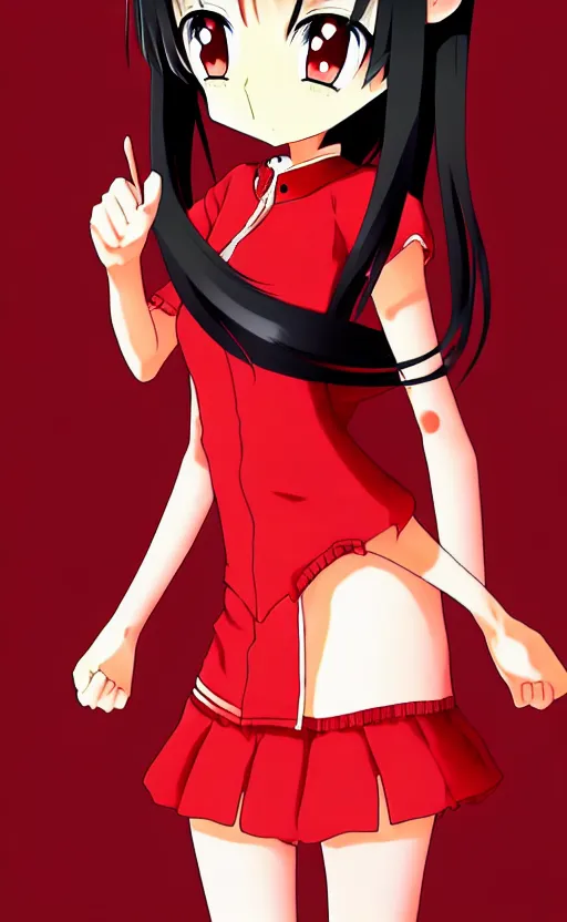 Image similar to anime girl with a detailed face and black hair in a red outfit, full body, bottom half of photo, trending, illustration