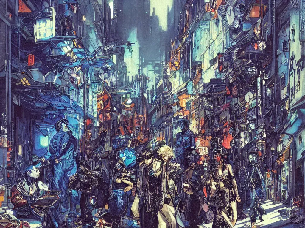 Prompt: a cyberpunk gang in the alleyway between art deco buildings, graffiti, fine detail, intricate, polished, blue color scheme, digital art, illustration, by george luks and noriyoshi ohrai