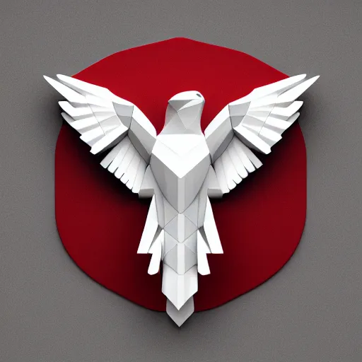 Image similar to 2 dimensional, vector, low poly, white eagle icon, red background, cgsociety, artstation, octane render