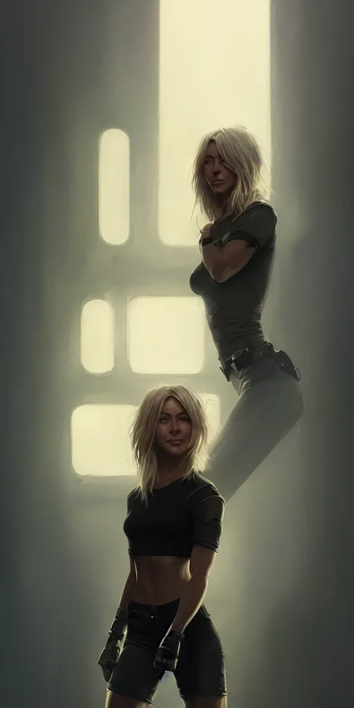 Prompt: portrait of julianne hough by greg rutkowski and wlop, a secret agent, wearing black shorts, wearing black boots, wearing a cropped top, blade runner, highly detailed portrait, digital painting, artstation, concept art, smooth, sharp focus ilustration, artstation, hq