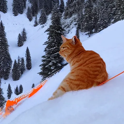 Image similar to an orange tabby cat skiing in the mountains